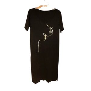 LC Waikiki Black Midi T Shirt Dress Medium 38 Line‎ Art Graphic Face Print
